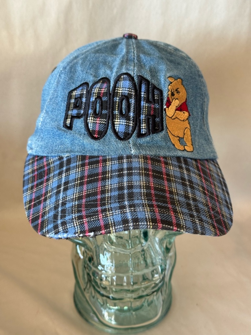 Vintage Disney Winnie The Pooh Plaid Denim Baseball Flex Strap Hat Cap‎